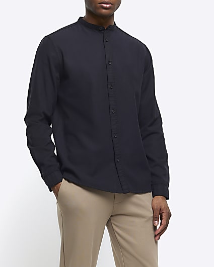 Black slim fit grandad collar shirt