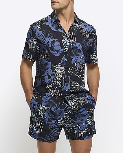 Blue regular fit floral short sleeve shirt