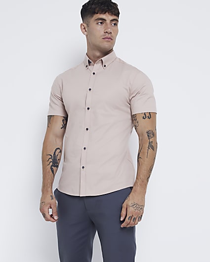 Pink muscle fit stretch textured shirt