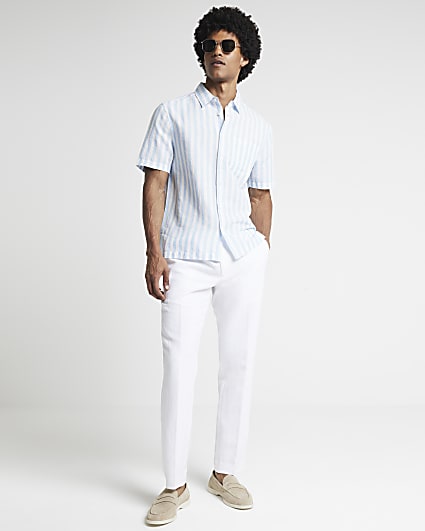 Blue regular fit linen blend stripe shirt