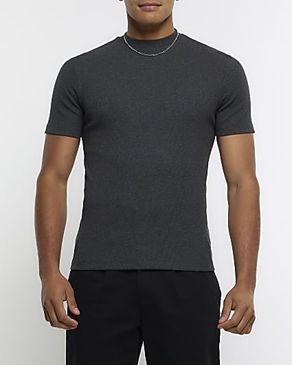 Dark grey muscle fit rib t-shirt