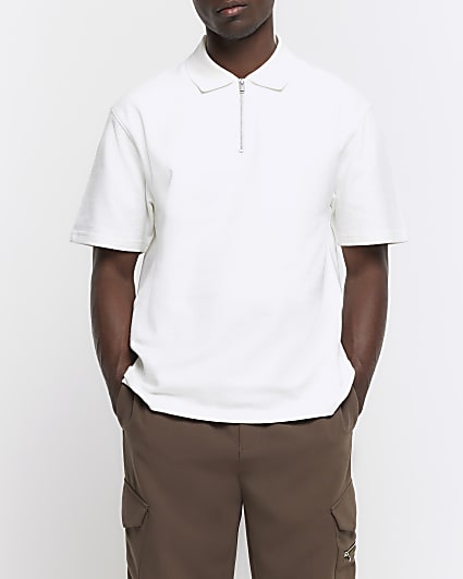 Beige regular fit textured half zip polo