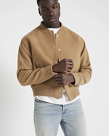 Stone regular fit wool blend bomber jacket