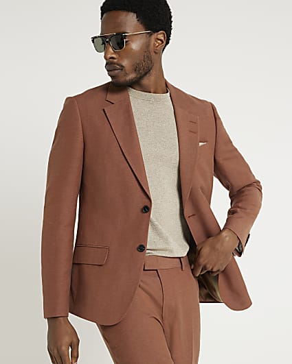 Rust slim fit linen blend suit jacket