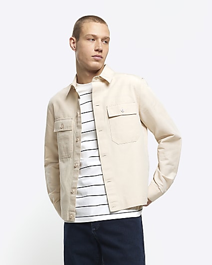 Beige regular fit linen blend smart overshirt