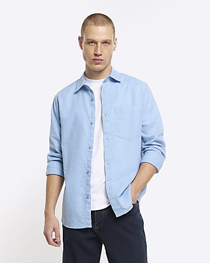 Blue regular fit linen blend shirt