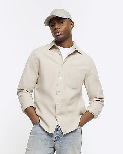 Beige regular fit linen blend shirt