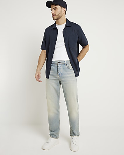 Navy regular fit linen blend shirt