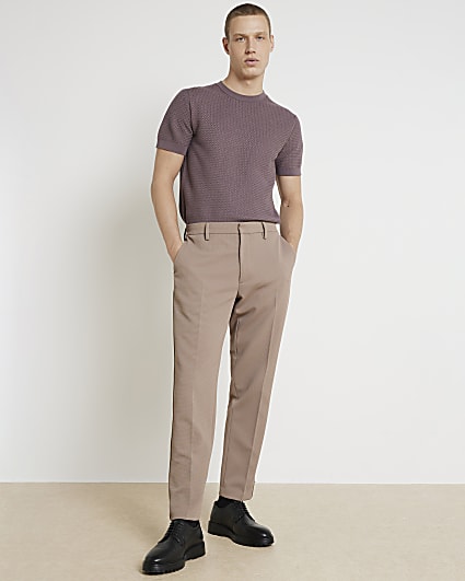 Beige slim fit waffle textured trousers