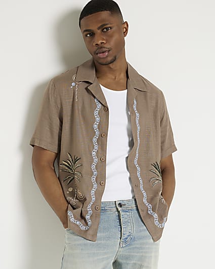 Brown regular linen blend embroidered shirt