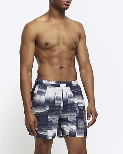 Black regular fit abstract cargo swim shorts