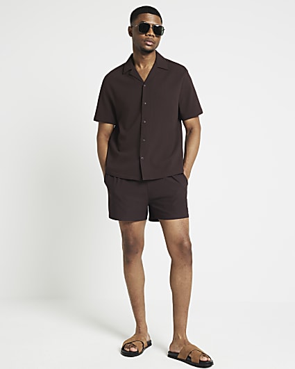 Brown regular fit seersucker swim shorts