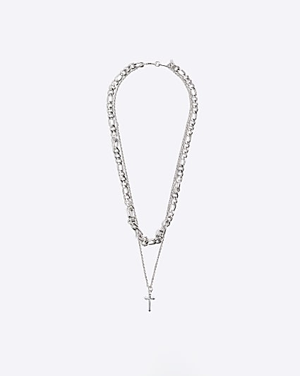 Silver colour multirow cross necklace