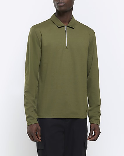 Green regular fit half zip polo