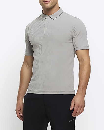 Grey muscle fit rib short sleeve polo