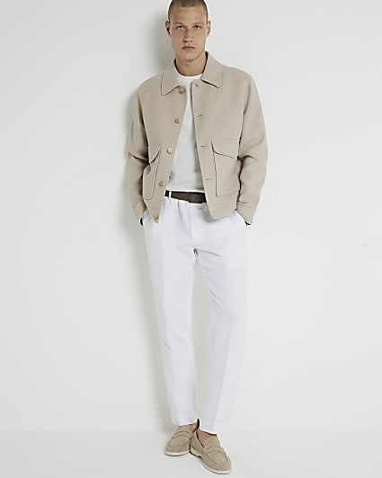 White slim fit linen blend smart trousers