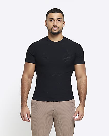 Black muscle fit brick knit t-shirt