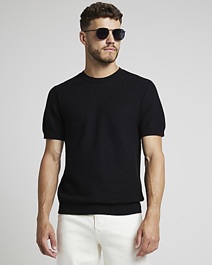 Black slim fit textured knit t-shirt