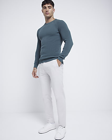 Green muscle fit knit rib jumper