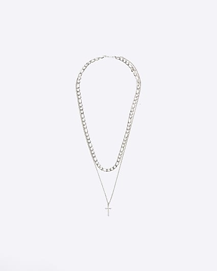 Silver colour cross multirow necklace