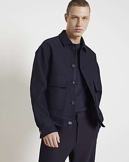 Navy regular fit plisse harrington jacket