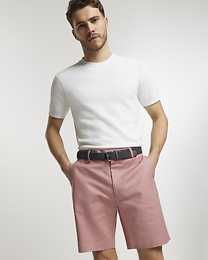 Pink slim fit belted chino shorts