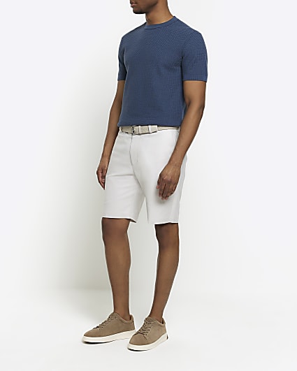 Cream slim fit belted chino shorts