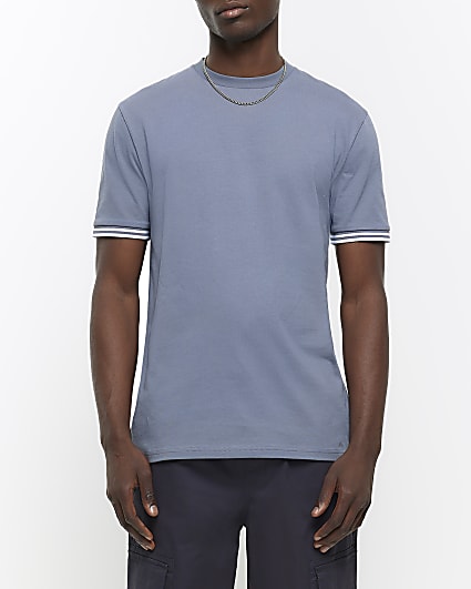 Blue slim fit taped sleeve t-shirt