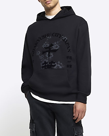 Black regular fit graphic hoodie