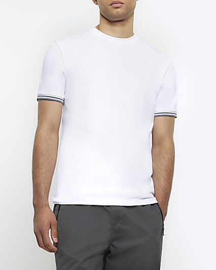 White slim fit taped sleeve t-shirt