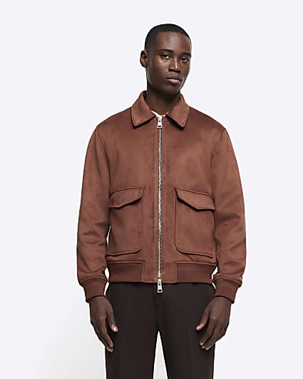 Brown Suedette Collared Bomber Jacket