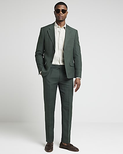 Green slim fit linen blend suit trousers