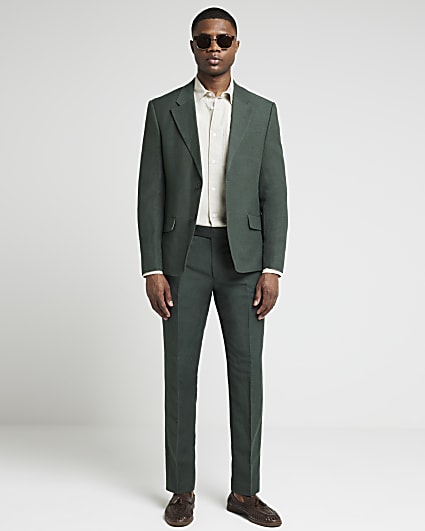 Green slim fit linen blend suit jacket