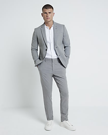 Grey Textured Stretch Slim Fit Suit Trousers