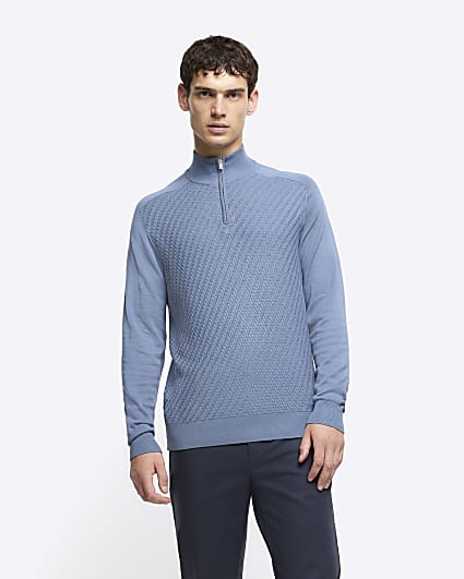 Blue slim fit diagonal stitch half zip jumper