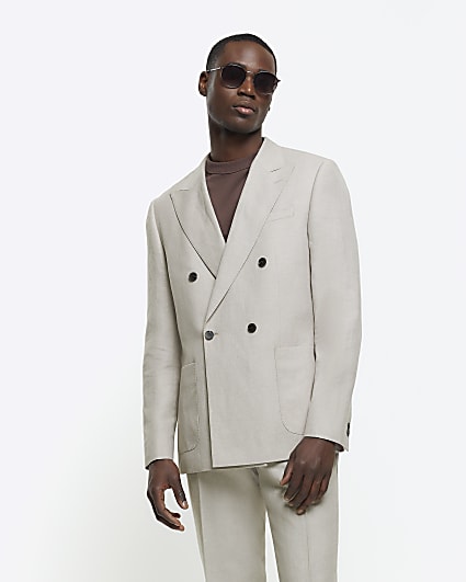 Stone slim fit linen blend suit jacket