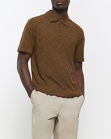 Brown slim fit textured polo shirt