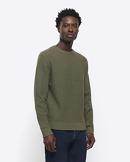 Khaki slim fit waffle texture jumper