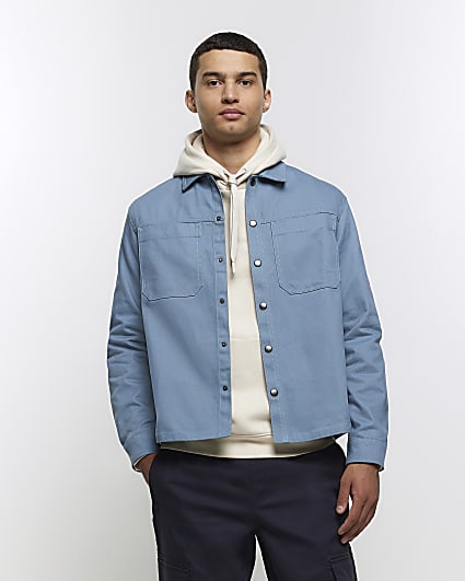 Blue regular fit popper front overshirt