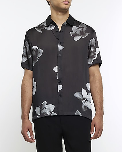 Black regular fit floral shirt