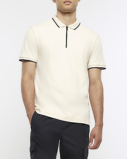 Ecru slim fit taped collar polo