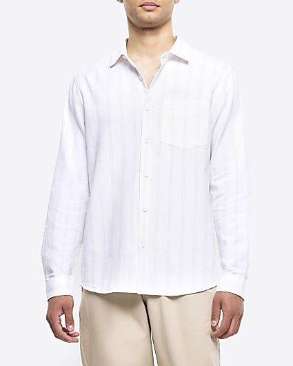 White regular fit striped linen blend shirt