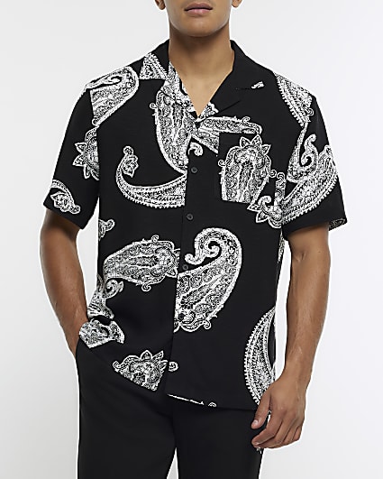 Black regular fit paisley revere shirt