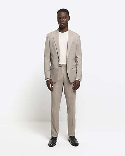 Beige slim fit wool blend suit trousers