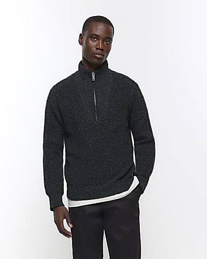 Grey slim fit soft rib half zip jumper