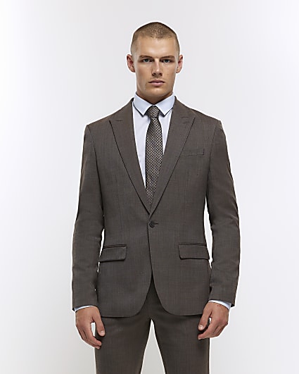 Brown slim fit wool blend suit jacket