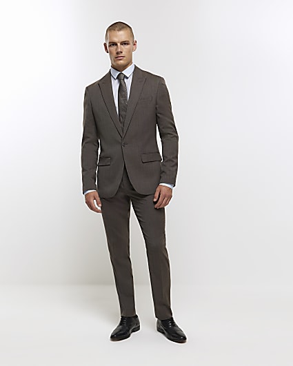 Brown slim fit wool blend suit trousers