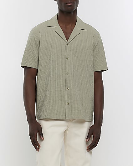 Green regular fit seersucker shirt