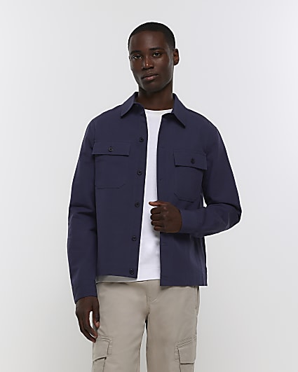 Navy regular fit linen blend overshirt