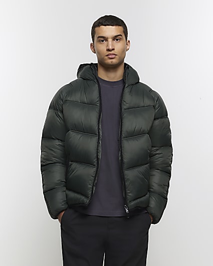 Dark green regular fit hooded puffer jacket